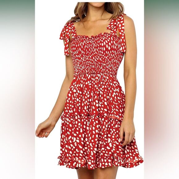 Women's Mini Dress Strappy Backless Pleated Flare Ruffle Polka Dot Dress… - Picture 1 of 9